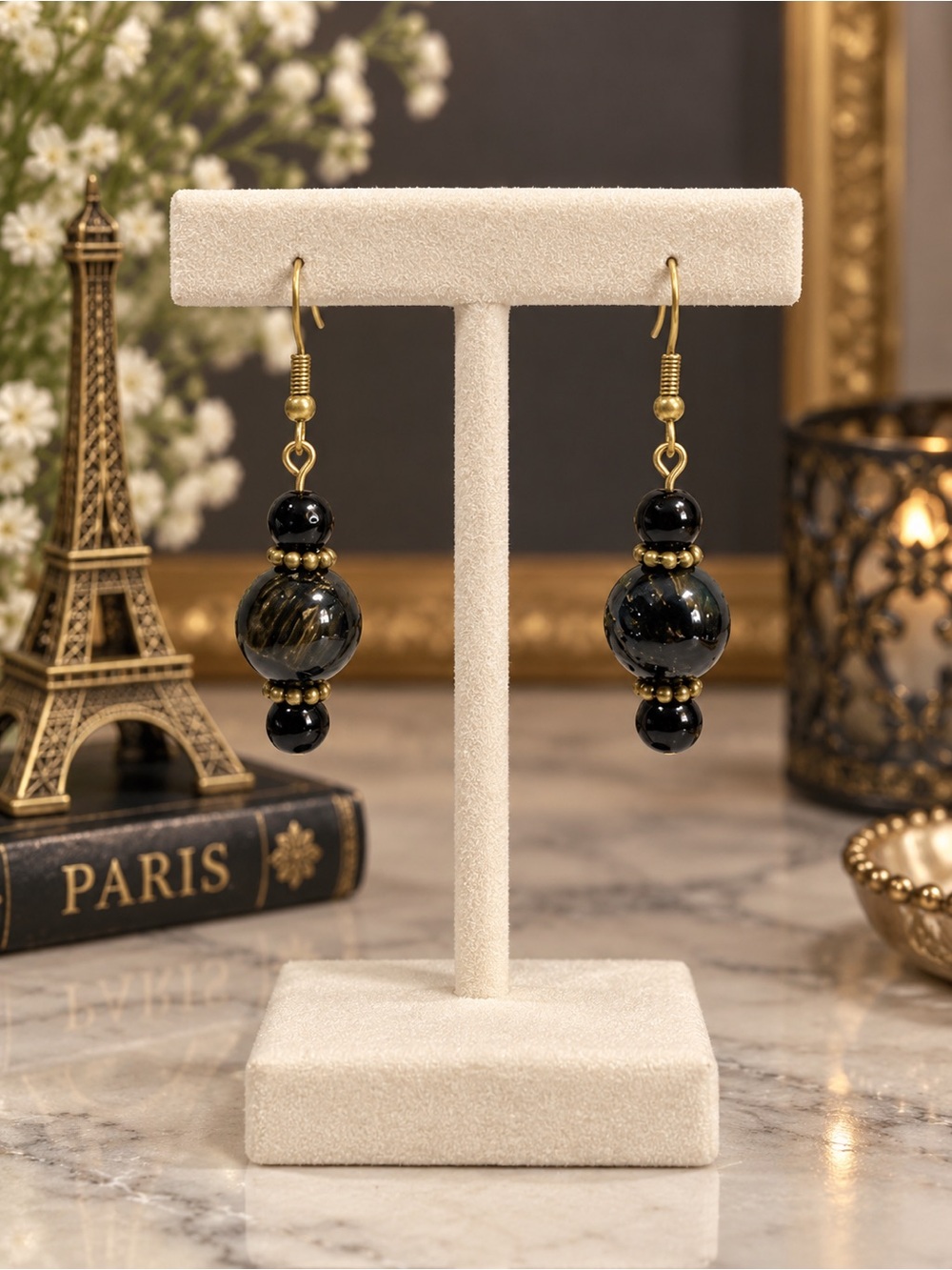 Night in Paris Black Glass Beaded Dangle Earrings Antique Bronze Tone Handmade